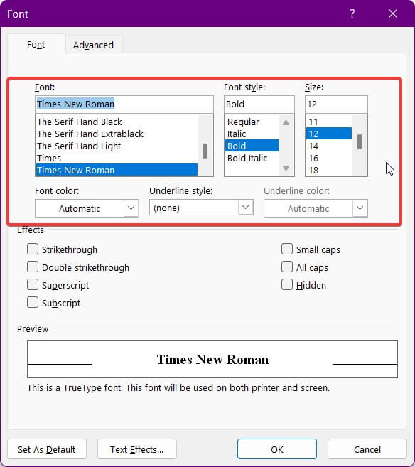 How to set Times New Roman as the default font in Word