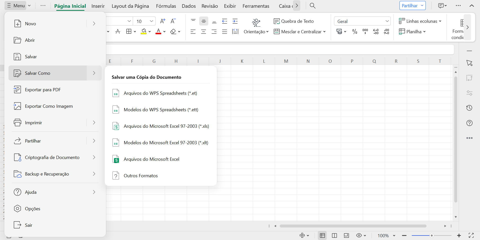 Different WPS Spreadsheet Save As options