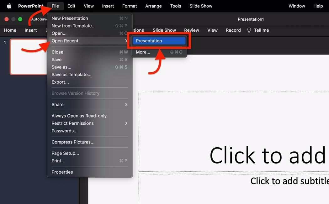 Mac PowerPoint Open recent presentation