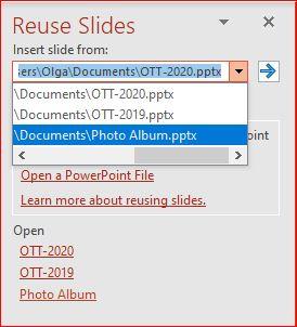 Expand the list of Insert slides, and choose the presentation from the list.