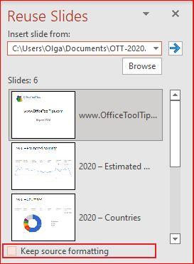 Press the thumbnail of every slide you have to insert into your presentation.