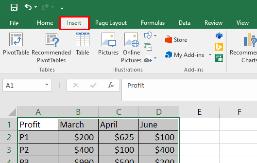”Excel Insert Tab”