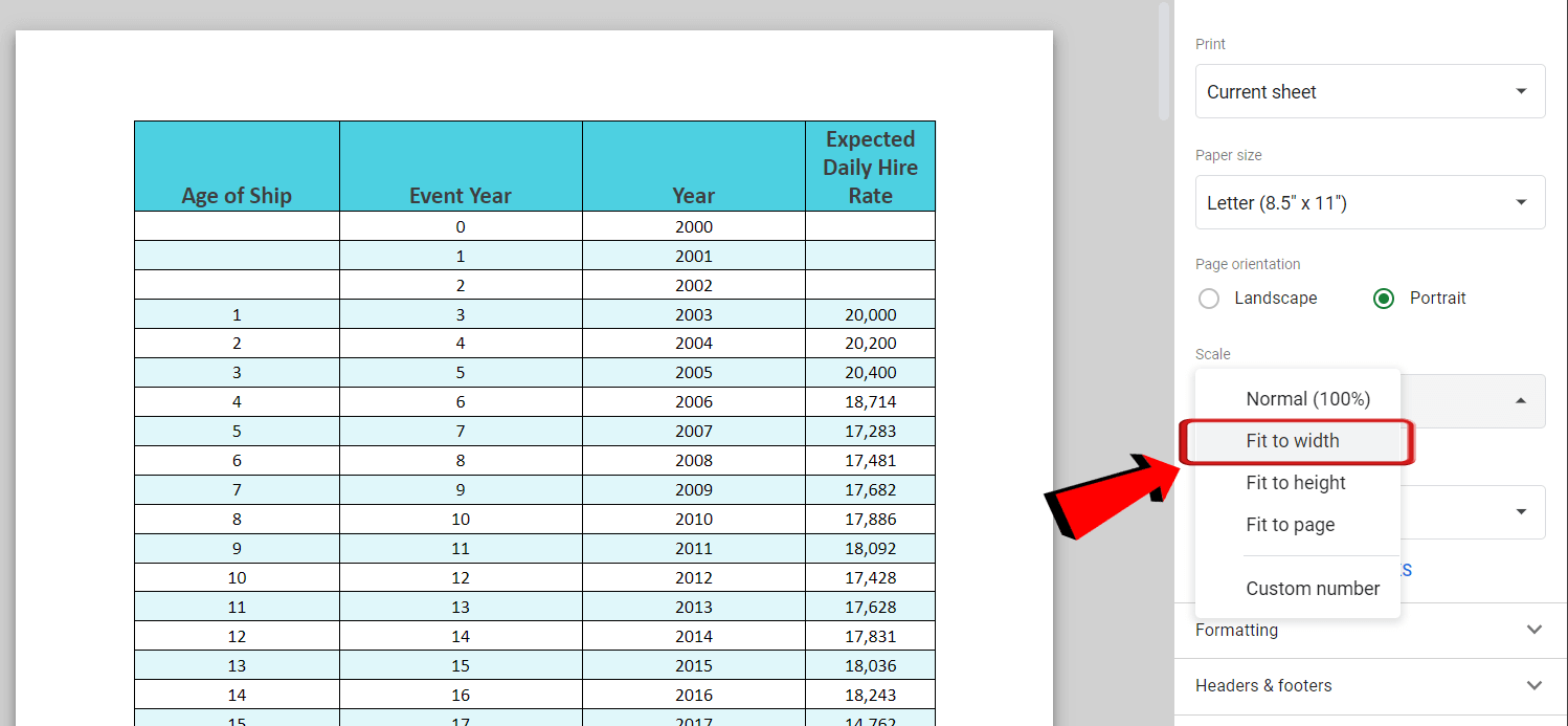 Google sheets Fit to Width