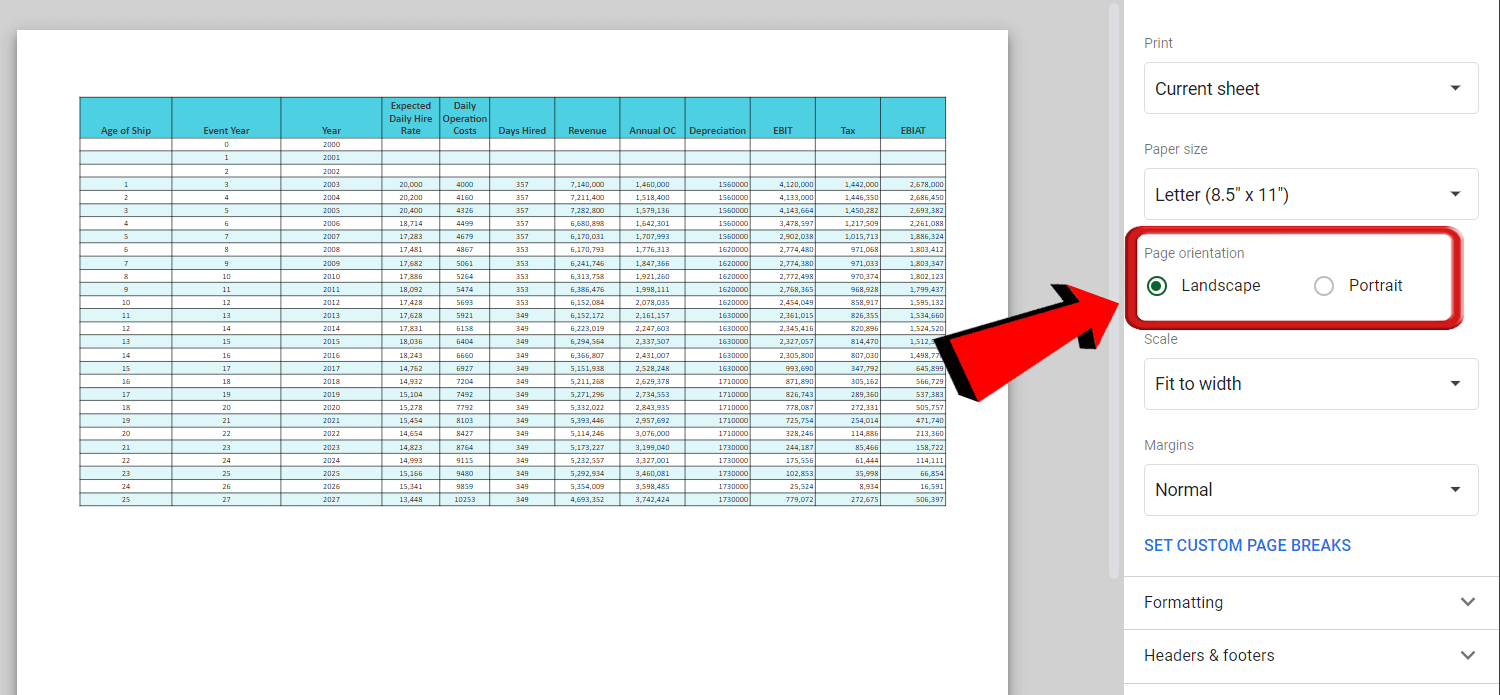 Google sheets Orientation