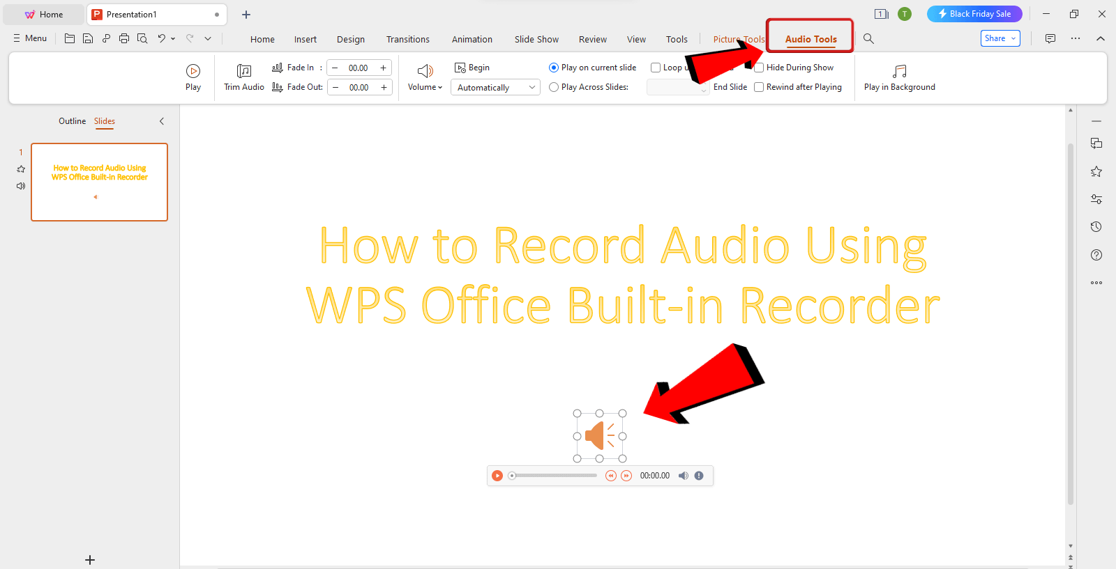 WPS Presentation audio tools tab