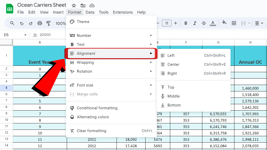 Google sheets Format alignment