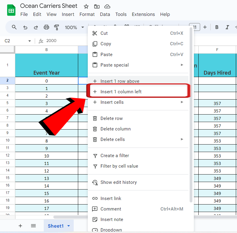 Google sheets insert 1 column left