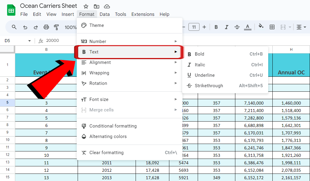 Google sheets Format Text