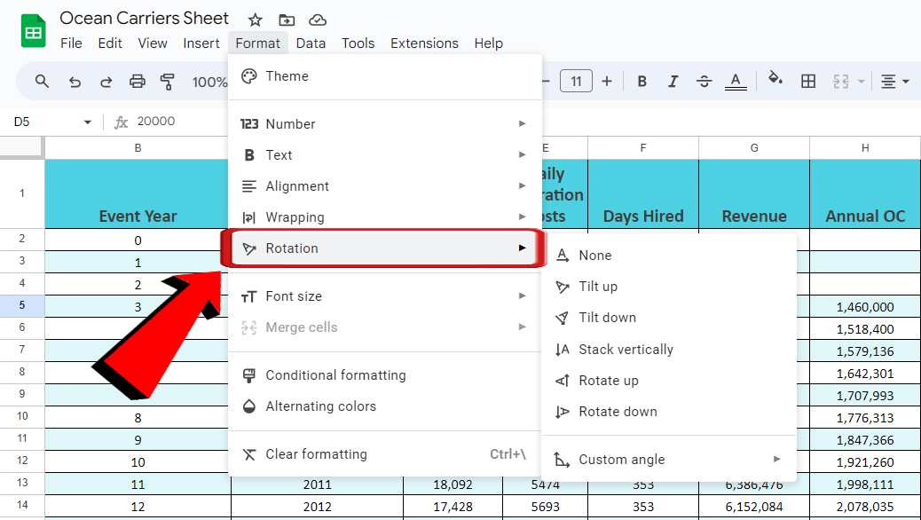 Google sheets cell rotation