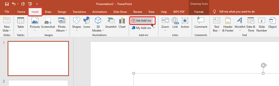 Insert tab and Get Add-ins Option