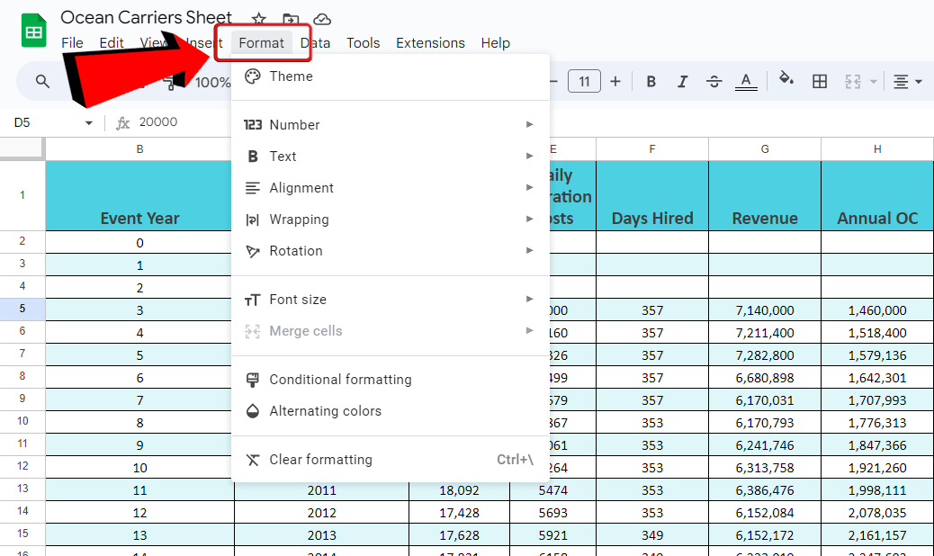 Google sheets Format menu