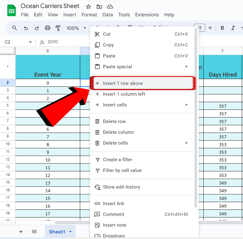 Google sheets insert 1 row above