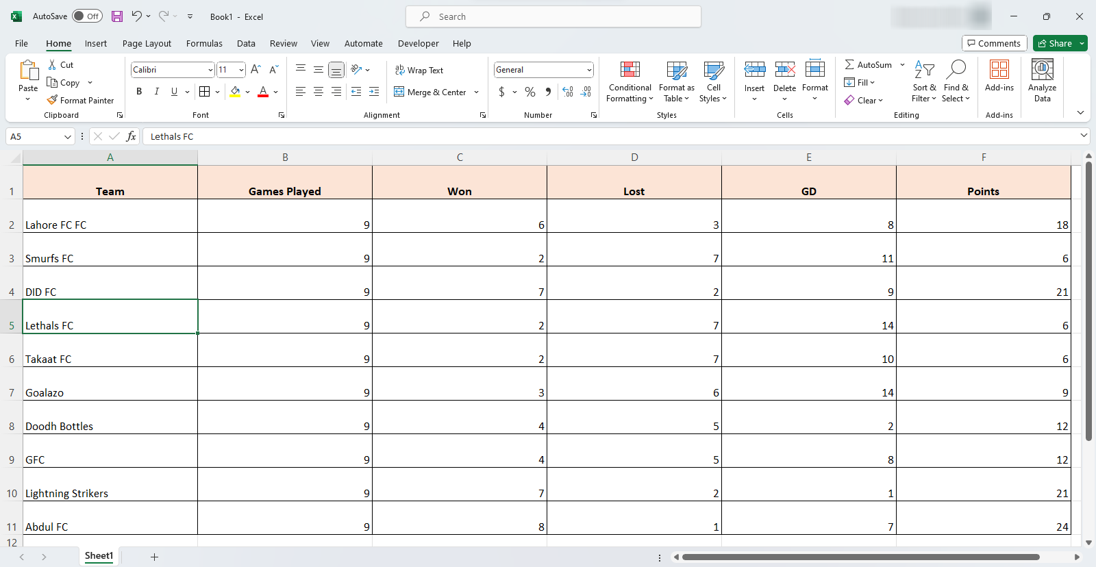 Excel Spreadsheet tournament points table