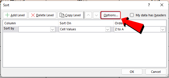 Excel Spreadsheet sort options