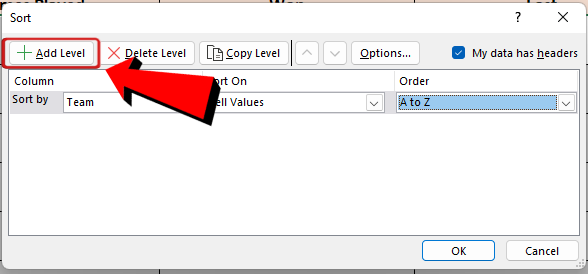 Excel Spreadsheet Add level to sorting