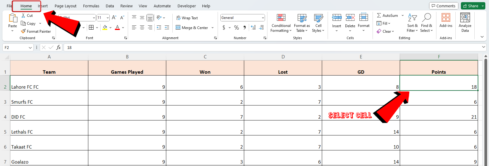 Excel Spreadsheet Home tab