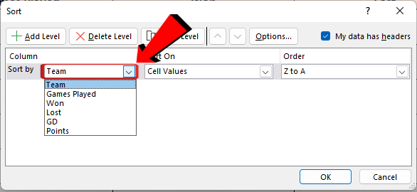 Excel Spreadsheet Sort by option