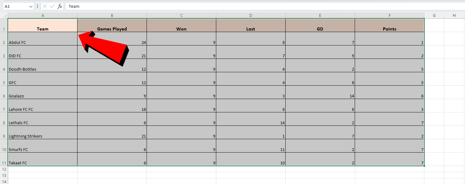 Excel Spreadsheet upper-left corner
