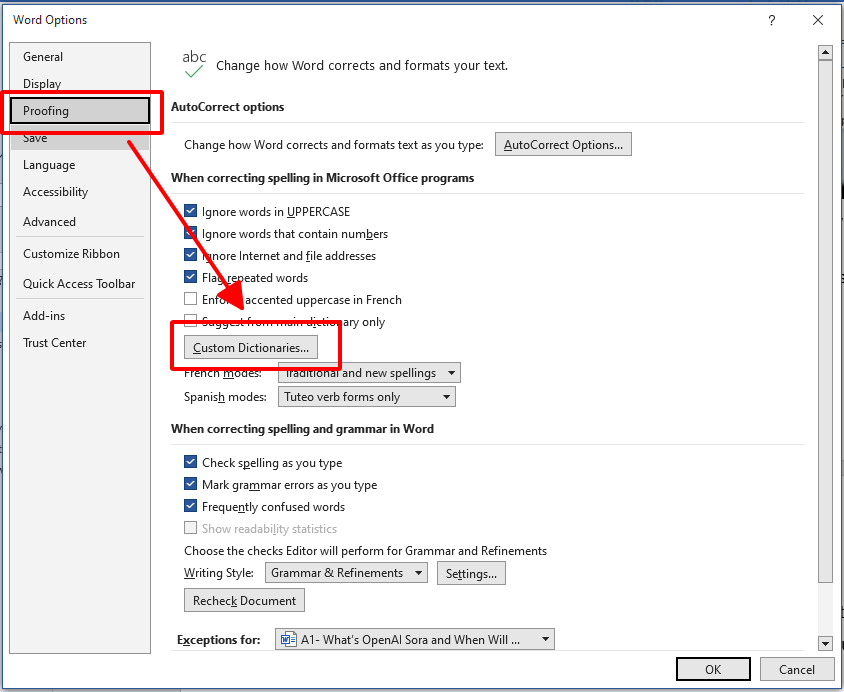 the Word Options dialog