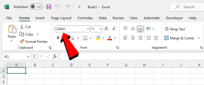 Microsoft Excel selected font set as default
