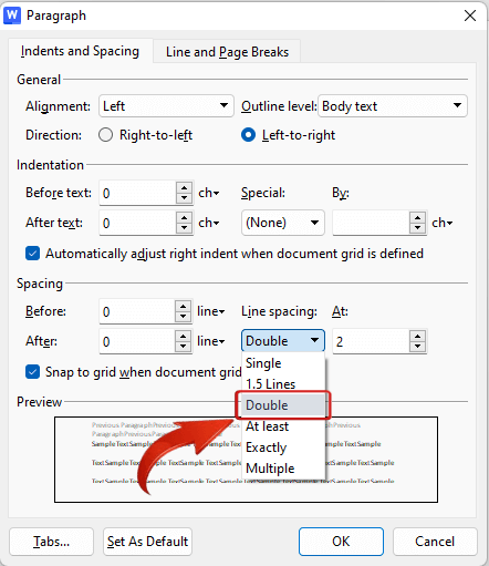 WPS Office Double Line Spacing in Paragraph settings