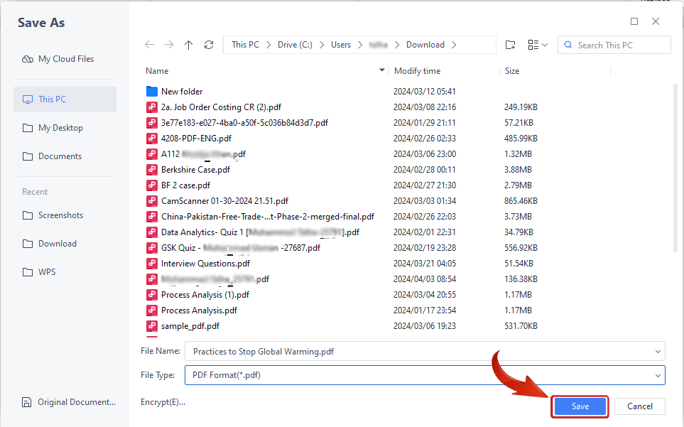 WPS Office save document as PDF