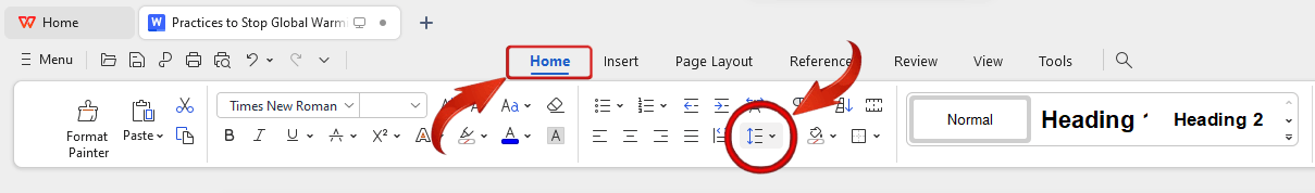 WPS Office Line Spacing in Home ribbon