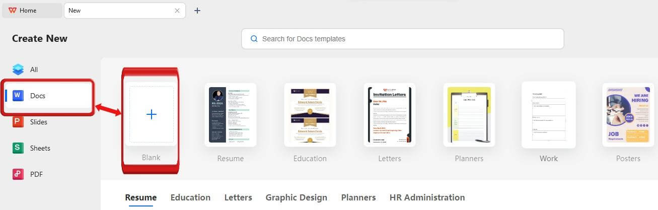 WPS Office create New blank document