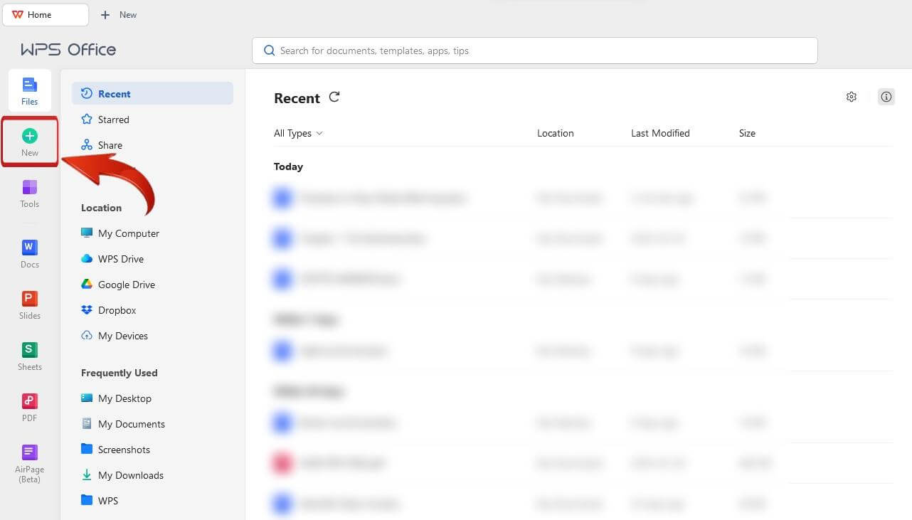 WPS Office create New option in left panel