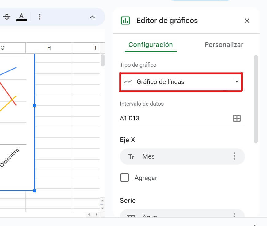 Seleccionar grafico de lineas en Google Sheets