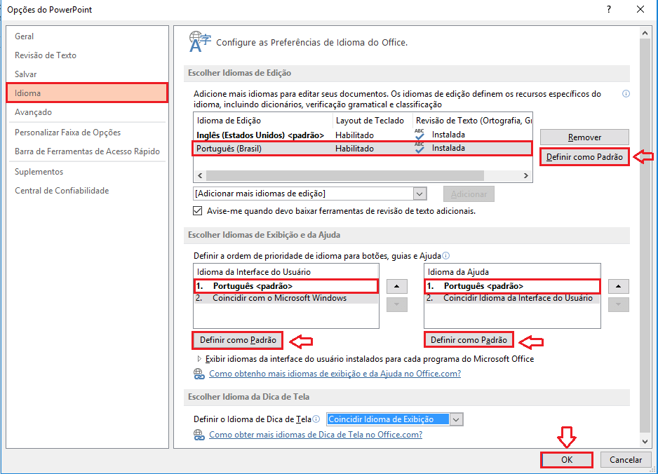 passos de como mudar o idioma do Word