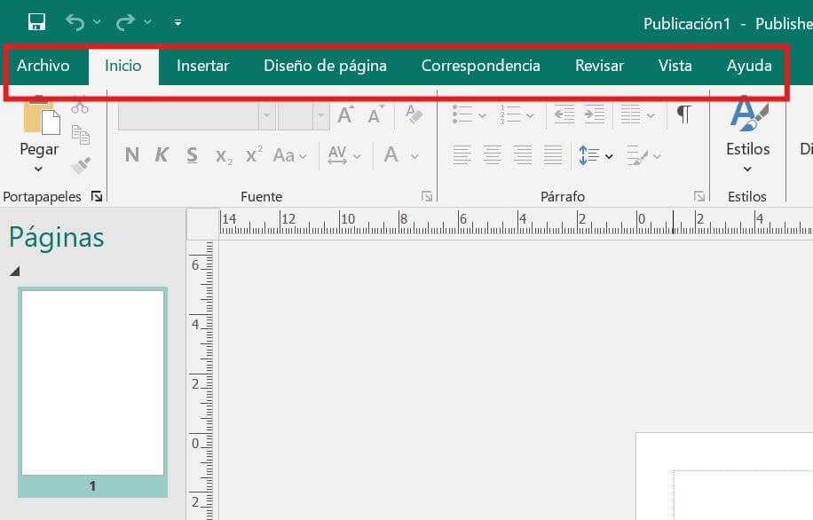 Pestaña de menú de Microsoft Publisher