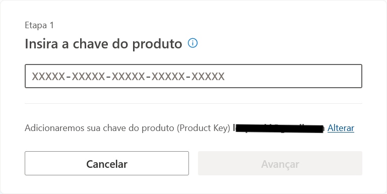 página de ativação da chave do Office