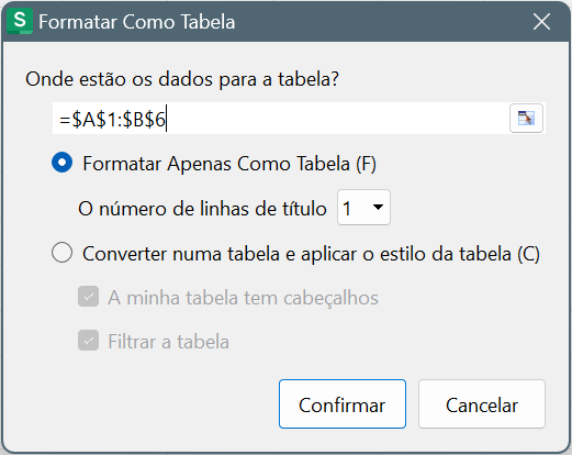 Janela Formatar Como Tabela na Planilha do WPS