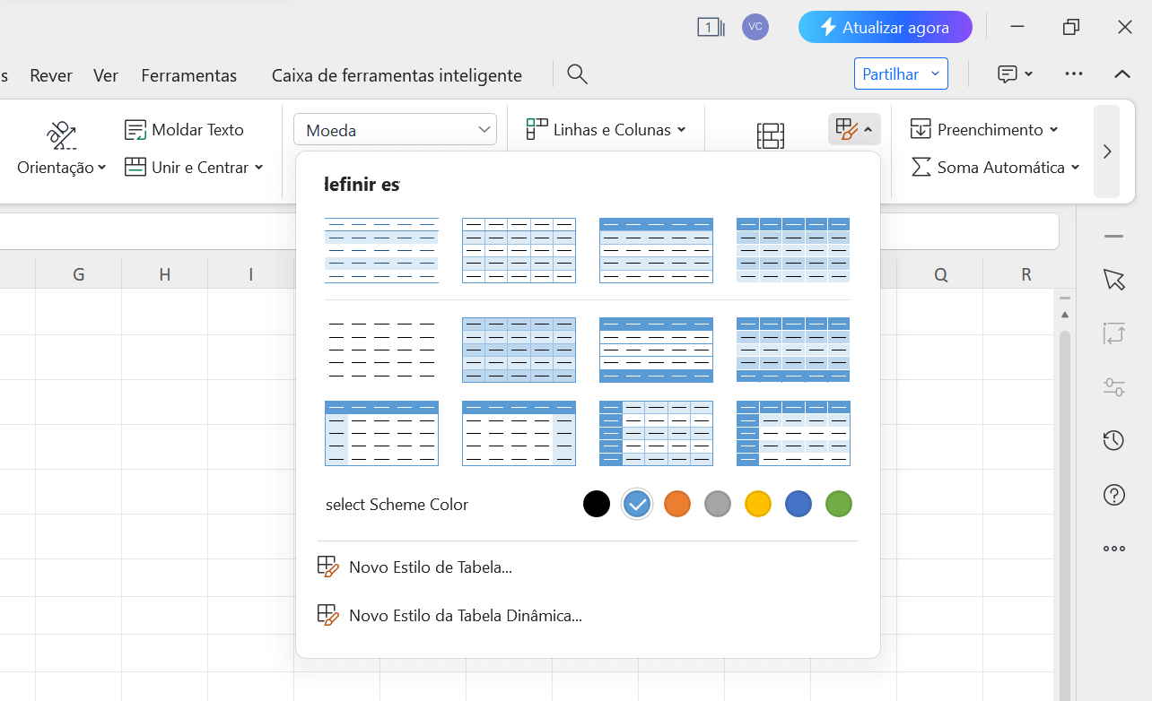 Estilos de Tabela pré-definidos e cores na Planilha do WPS