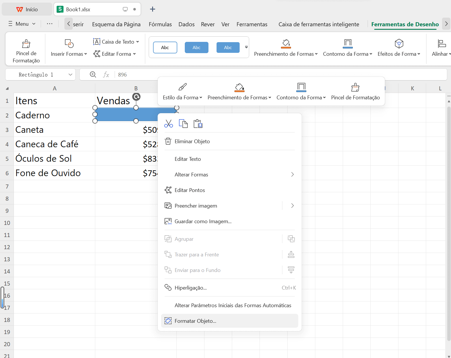 Formatar Objeto na Planilha do WPS