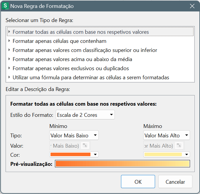 Janela de Nova Regra de Formatação na Planilha do WPS