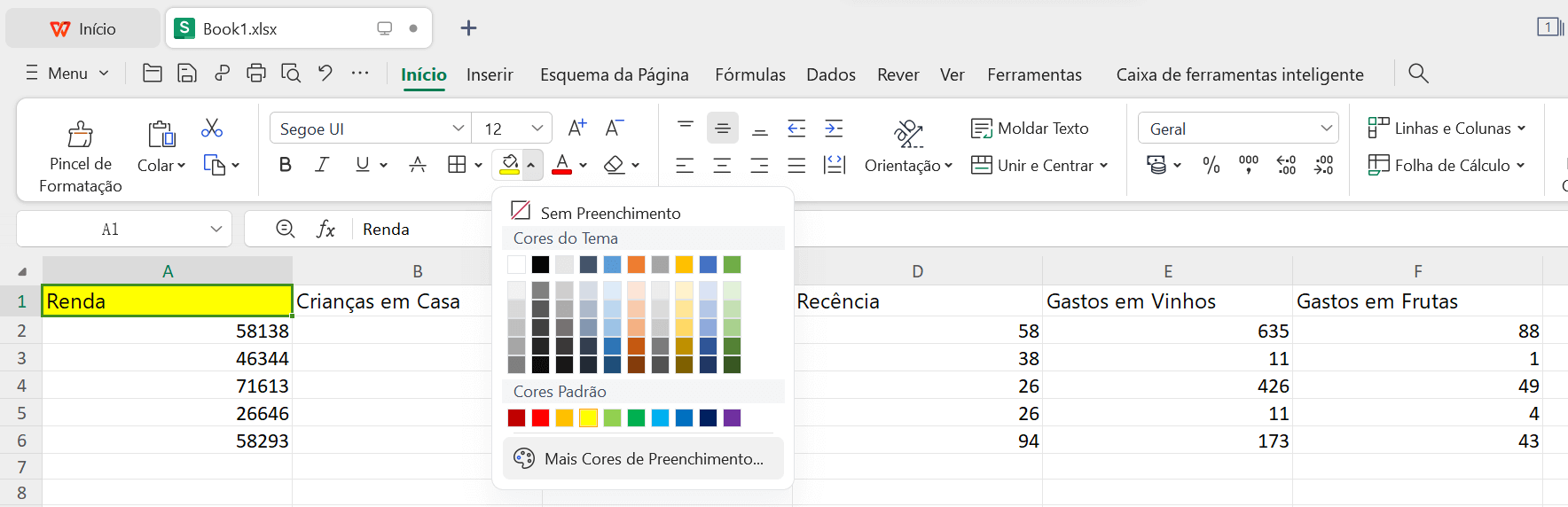 Opções de Mais Cores de Preenchimento na Planilha do WPS