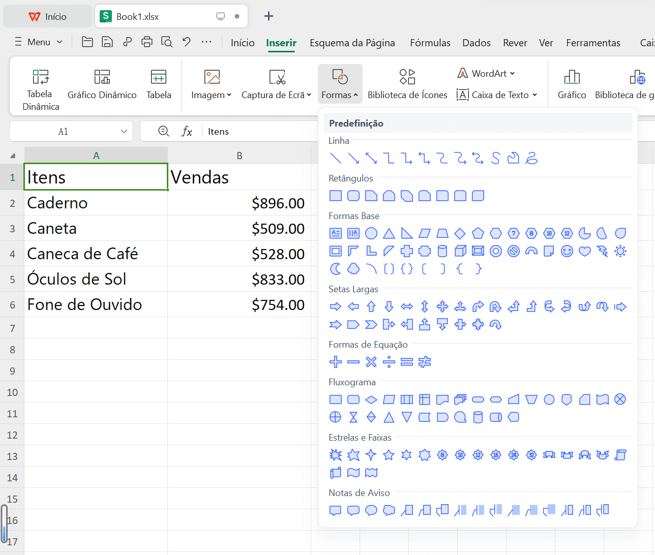 Inserir Formas na Planilha do WPS