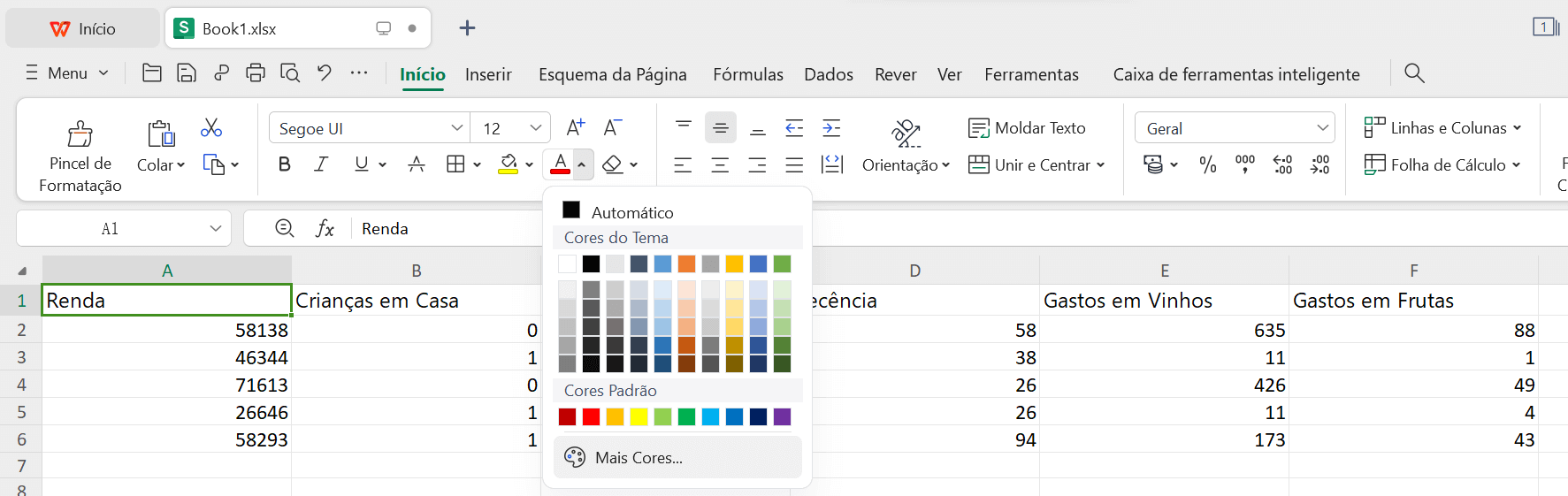 Opções de Cor do Texto na Planilha do WPS