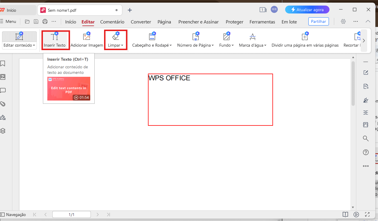 Opções Adicionar texto e Limpar em Editor de PDF do WPS