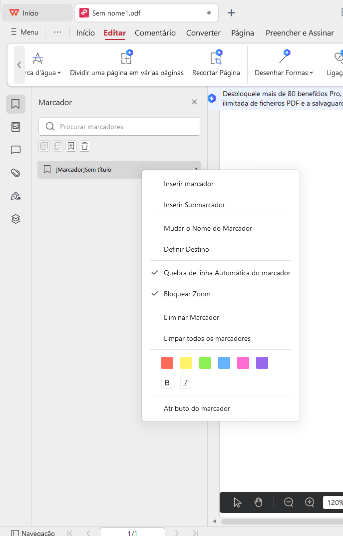 Propriedades de marcadores no Editor de PDF do WPS