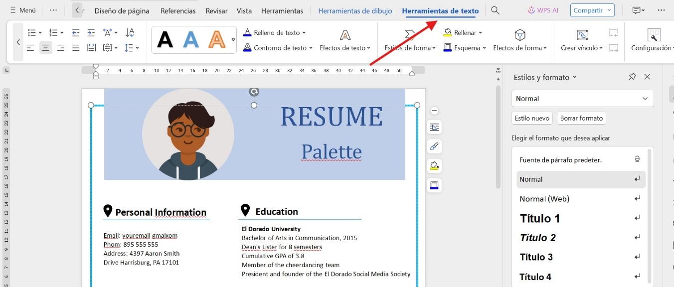 Editar el texto en un CV personalizado