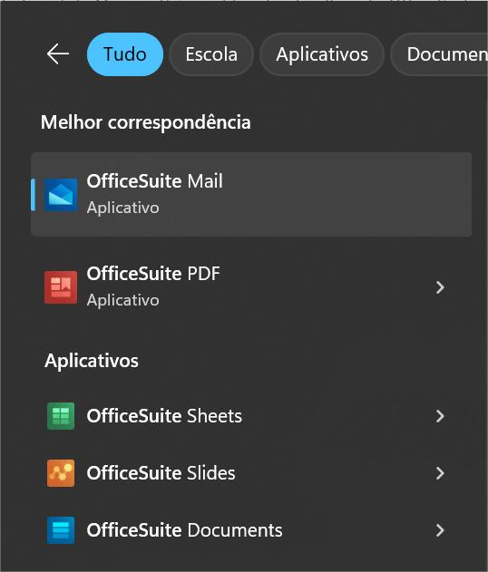 pesquisa do OfficeSuite no menu Iniciar do Windows