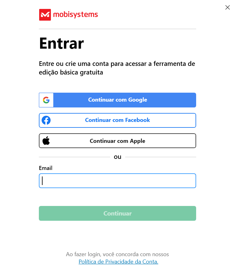 tela de criação de conta no OfficeSuite