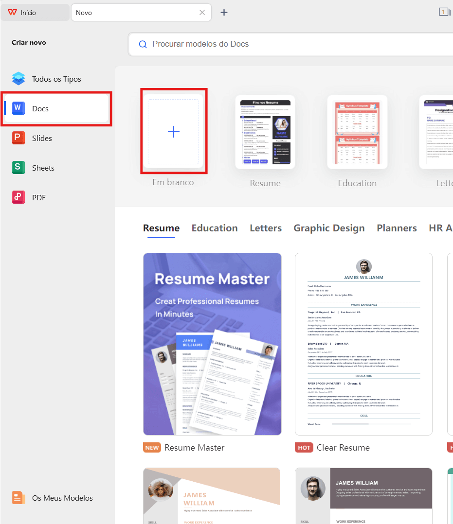 Criar Novo Documento em Branco do WPS Office