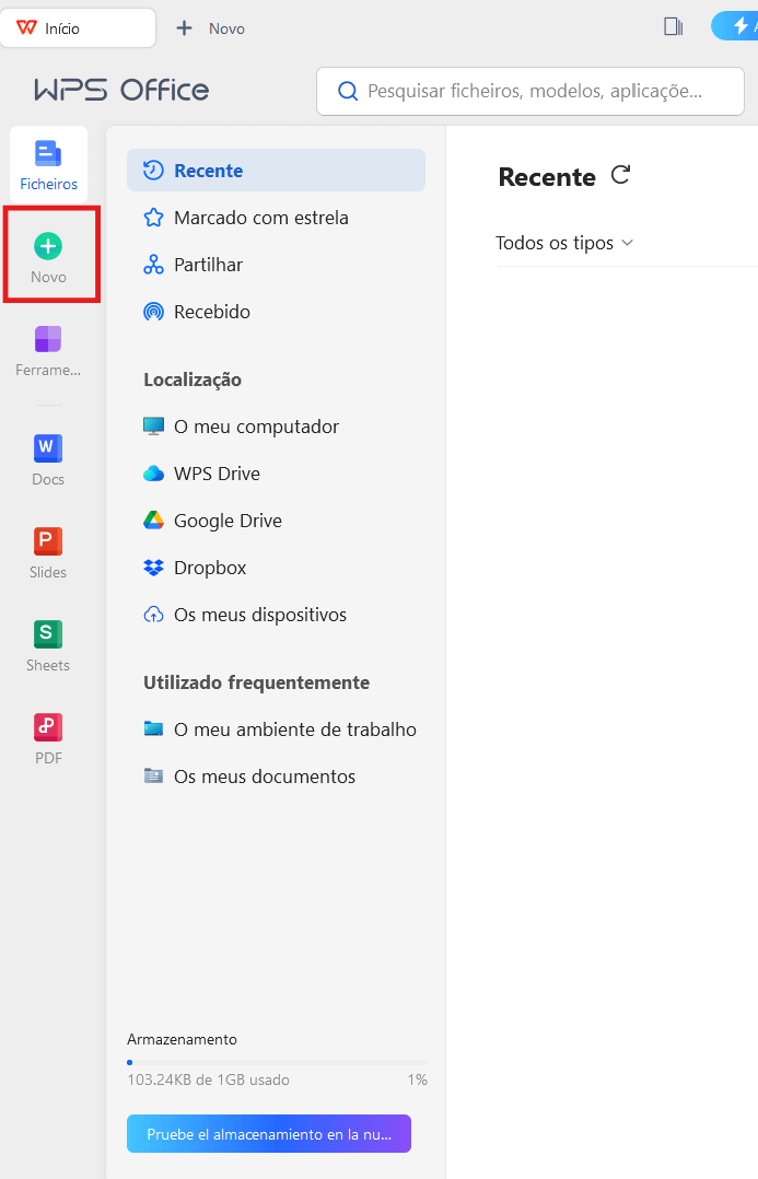 Opção Novo do WPS Office no painel esquerdo