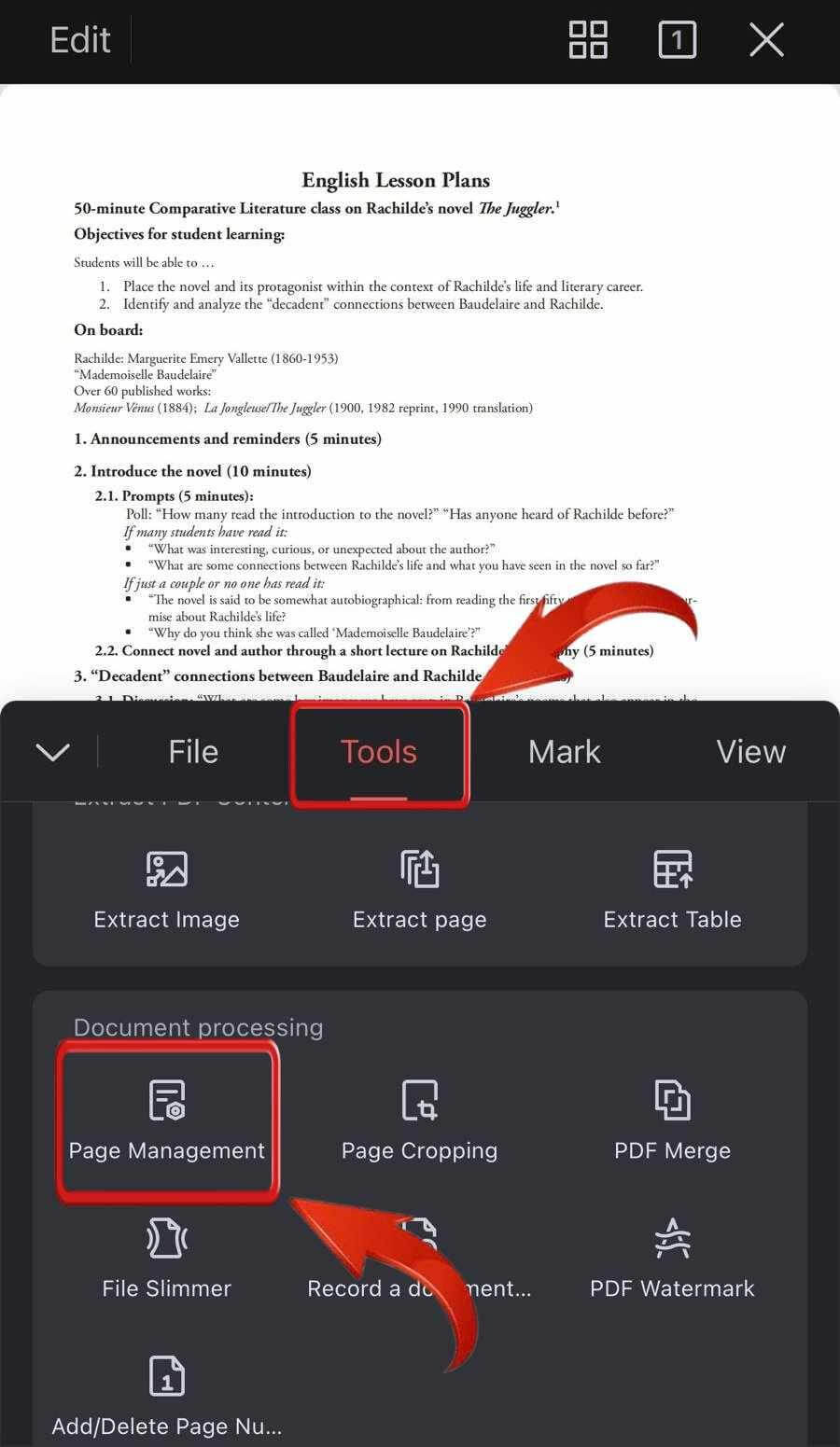 Ferramenta de Gerenciamento de Página do WPS Office Mobile