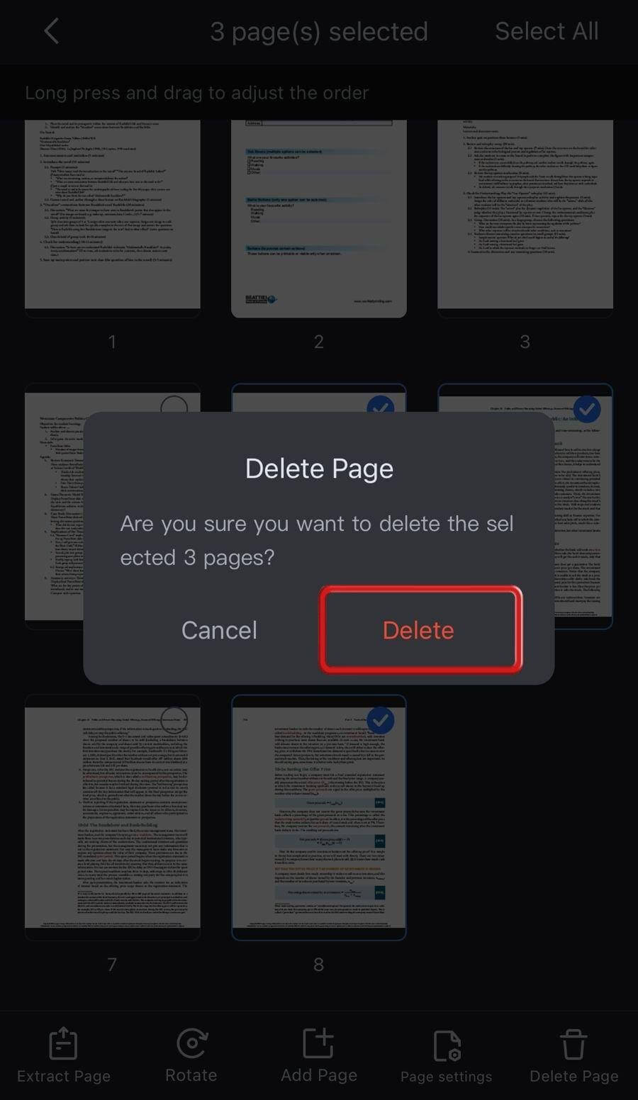Confirmar a exclusão da página do PDF