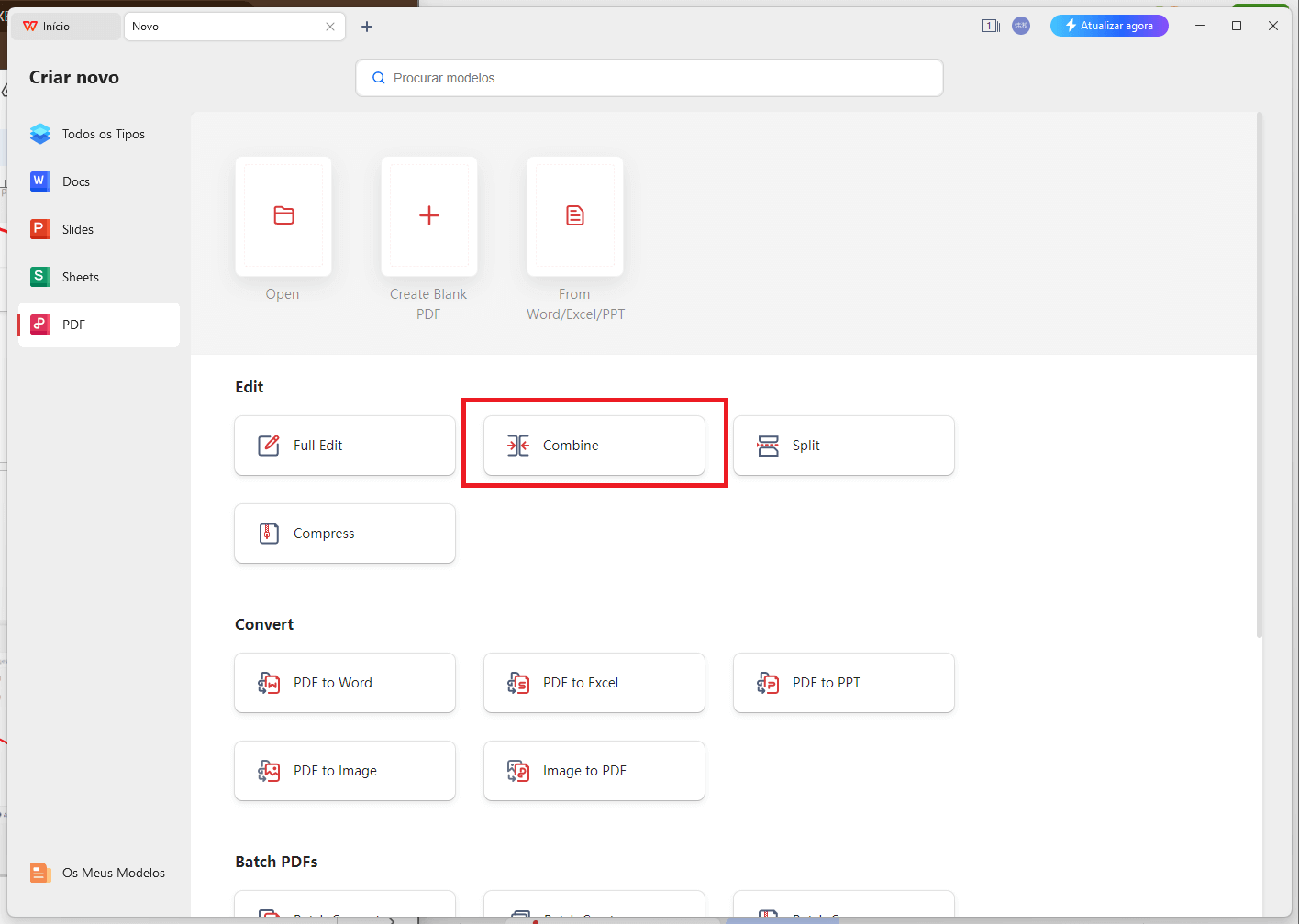 A opção Juntar PDF A opção Juntar PDF